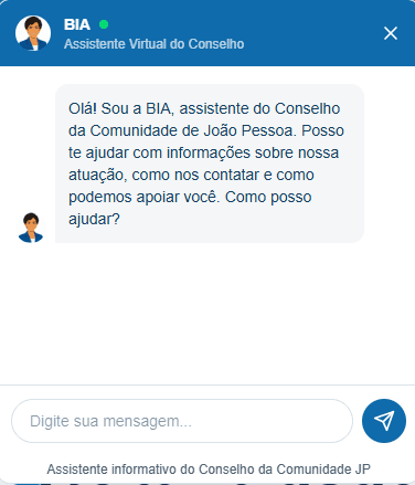 Janela de conversa da BIA, assistente virtual do Conselho da Comunidade