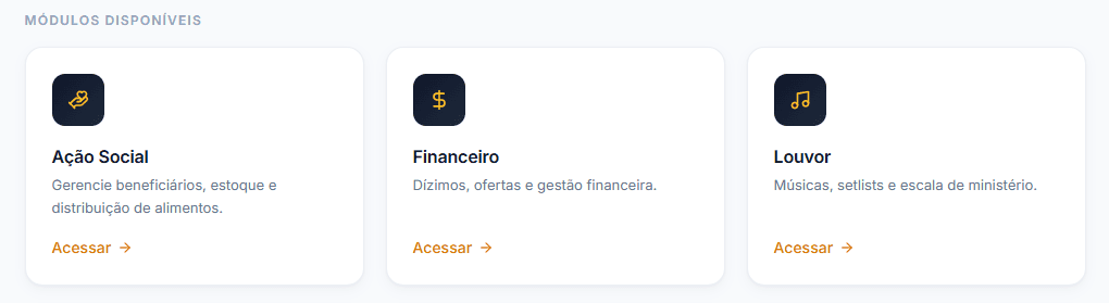 Módulos do Fluxus Gestão para Igrejas: Ação Social, Financeiro e Louvor