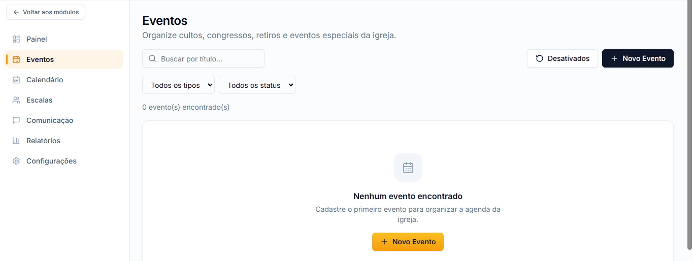 Módulo de Eventos com busca, filtros, calendário, escalas e criação de novo evento
